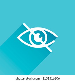 dont look, crossed out eye. simple icon. Gray icon with long shadow in bottom left corner on blue background