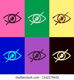 dont look, crossed out eye. simple icon. Pop art style. Scratched icons on 6 colour backgrounds.