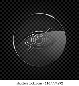 dont look, crossed out eye. simple icon. Icon in circle glass bubble on dark transparent grid. Glass style
