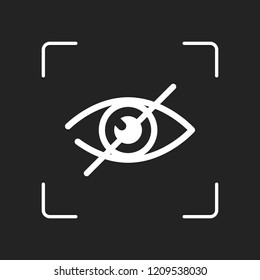 dont look, crossed out eye. simple icon. White object in camera autofocus on dark background