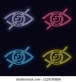 dont look, crossed out eye. simple icon. Set of neon sign. Casino style on dark background. Seamless pattern