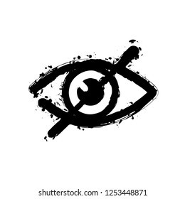 dont look, crossed out eye. simple icon. Black ink with splashes on white background