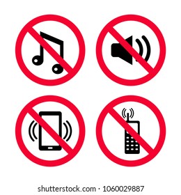 Don't make noise, No mobile phones, no music, No loud noises, Keep silence red prohibition signs. 