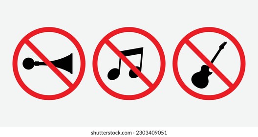 Don`t make noise, no music, No loud noises, Keep silence red prohibition signs.