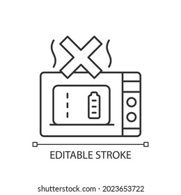 Dont microwave powerbank linear manual label icon. Damage to unit. Thin line customizable illustration. Contour symbol. Vector isolated outline drawing for product use instructions. Editable stroke