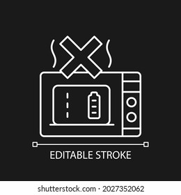 Dont microwave powerbank white linear manual label icon for dark theme. Thin line customizable illustration. Isolated vector contour symbol for night mode for product use instructions. Editable stroke
