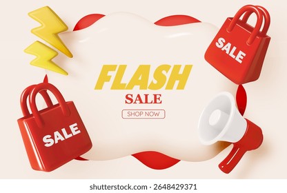 Don't miss the flash sale! Shop now with exciting deals announced through a megaphone and red shopping bag.