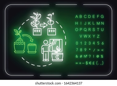 Dont move plants neon light concept icon. Houseplants caring. Floriculture. Flowers acclimatization idea. Outer glowing sign with alphabet, numbers and symbols. Vector isolated RGB color illustration