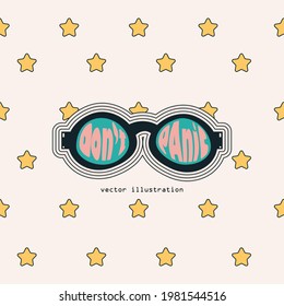 Don't panic. Abstract poster. 90's style. Vintage sunglasses on a background of stars. Template for card, poster, banner, label, print for t-shirt. Vector illustration.