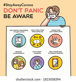 Don't Panic Be Aware Corona Covid-19 Concept Vector Illustration Asset Collection