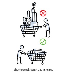 Don't Panic Buy And Stockpile. Corona Virus Covid 19 Stickman Shopping Cart Infographic. Right Considerat And Wrong Selfish Shopping. Community Support Graphic Clip Art. Icon Set In Black White.