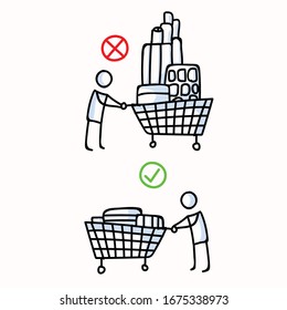 Don't Panic Buy And Stockpile. Corona Virus Covid 19 Stickman Shopping Cart Infographic. Right Considerate And Wrong Selfish Shopping. Community Support Graphic Clip Art. Icon Set In Black White.