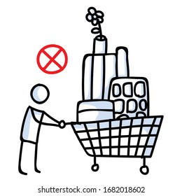 Dont Panic Buy And Stockpile. Corona Virus Covid 19 Stickman Shopping Cart Infographic. Wrong And Selfish Shopping. Community Support Graphic Vector Clipart. Icon Set In Black White. 