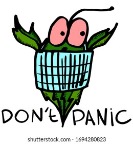 Don't panic. Cartoon cannabis leaf in medical mask. Narcotic herb protects against coronavirus. Panic from marijuana. Vector illustration with fright emotion. For stickers, print and design.