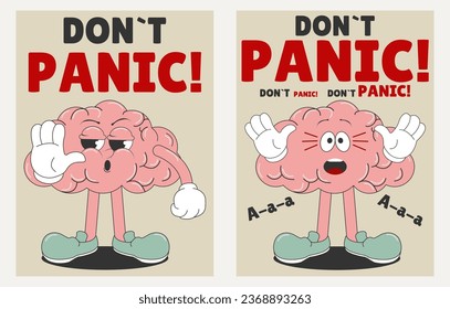 Don't panic! Mental Health Day. A set of posters with a cartoon character brain. Vector illustration in a trendy retro style.