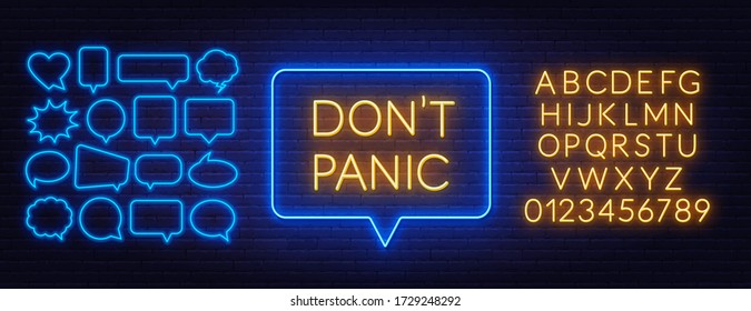 Dont Panic Neon Sign On Brick Wall Background.