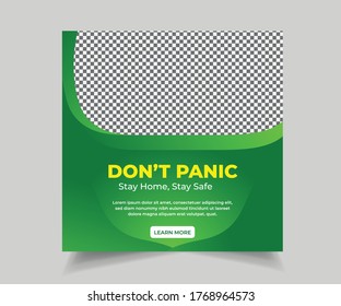 Don't panic Social Media post Template. no panic square flyer design. Coronavirus pandemic restriction. No Panic - STOP coronavirus. stay home dont panic, Stay home Social media post template, vector