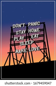 Don't Panic Stay Home Coronavirus Quarantine Propaganda Poster, Old Signboard, Call, Gradient Sky Background