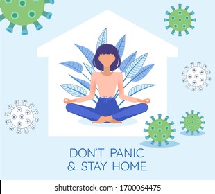 Don't panic, stay home. Woman meditating in plant leaves. Girl in lotus pose practicing yoga. Self-isolation, quarantine in order to prevent spreading coronavirus, Covid-19.