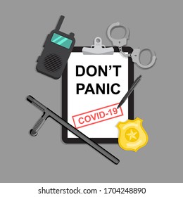 Don't panic. Stop coronavirus covid-19 vector banner with polis equipment