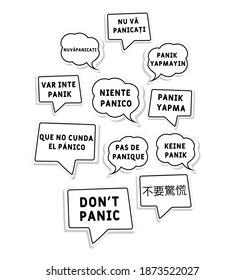 Don't panic word cloud in different languages of the world.  words in speech bubbles. Flat vector illustration on white background.