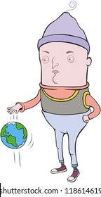 Don't play with Earth! Vector illustration about a guy playing with the earth-looking ball.