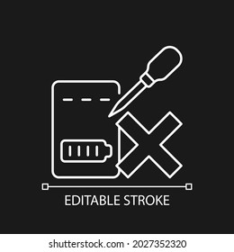 Dont puncture powerbank white linear manual label icon for dark theme. Thin line customizable illustration. Isolated vector contour symbol for night mode for product use instructions. Editable stroke