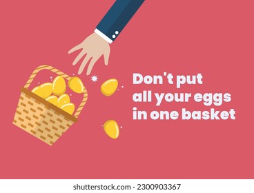 Don't put all your eggs in one basket. Golden eggs in basket slipped out of the hand. Investment concept. Vector illustration