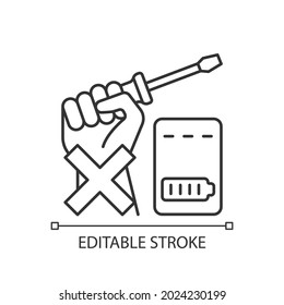 Dont repair power bank by yourself linear manual label icon. Thin line customizable illustration. Contour symbol. Vector isolated outline drawing for product use instructions. Editable stroke