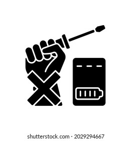 Dont repair power bank by yourself black glyph manual label icon. Avoid dismantling battery pack. Silhouette symbol on white space. Vector isolated illustration for product use instructions