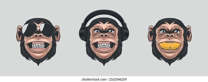 Dont See Dont Hear Dont Speak. Vector Smiling Chimpanzee Ape with Sunglasses, Headphones, Banana, Typography Quote. Funny Monkey Head for Wall Art, T-shirt Print, Poster. Cartoon Cute Chimp Monkey