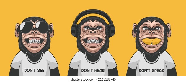 Dont See Dont Hear Dont Speak. Vector Smiling Chimpanzee Ape with Sunglasses, Headphones, Banana, Typography Quote. Funny Monkeys for Wall Art, T-shirt Print, Poster. Cartoon Cute Chimp Monkey