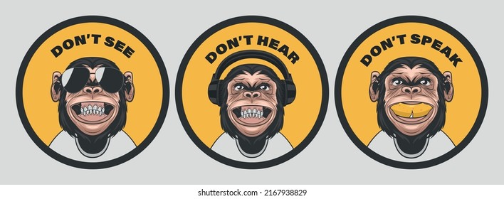 Dont See Dont Hear Dont Speak. Vector Smiling Chimpanzee Ape with Sunglasses, Headphones, Banana, Typography Quote. Funny Monkeys for Wall Art, T-shirt Print, Poster. Cartoon Cute Chimp Monkey