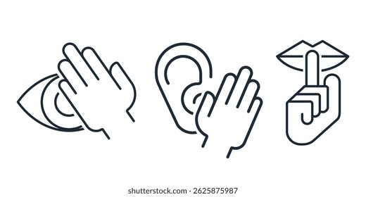 I don't see, I don't hear, I won't say. Vector linear icon isolated on white background.