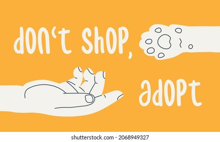 Don't shop, adopt. Human hand reaches for a cat's paw. Simple flat illustration calling for adoption of animals from the shelter.