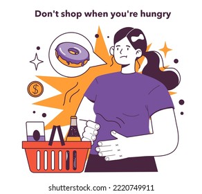 Don't shop when you're hungry to decrease your spendings. Risk management in conditions of economic stagnation. Economic activity decline, wealth-saving actions. Flat vector illustration