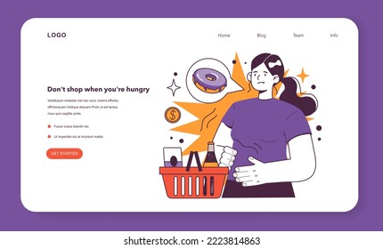 Don't shop when you're hungry to decrease your spendings. Risk management in conditions of economic stagnation. Economic activity decline, wealth-saving actions. Flat vector illustration