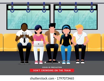 Don't sit crowding on the train. Safety instruction for passengers are sitting on seat. Social distancing maintain in public transport. Keep wearing face mask. Covid-19 awareness.Vector illustration