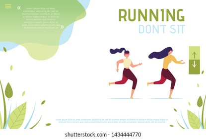 Dont Sit Running Motivation Lettering Landing Page. Vector Illustration in Flat Style with Place for Advertising Text and Foliage Design. Cartoon Women Characters Running, Doing Fitness