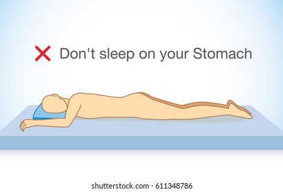 Don't sleep on your stomach. Illustration about wrong sleeping position make body pain symptom.