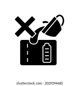 Dont spill on powerbank black glyph manual label icon. Mishandling device use. Short-circuiting risk. Silhouette symbol on white space. Vector isolated illustration for product use instructions