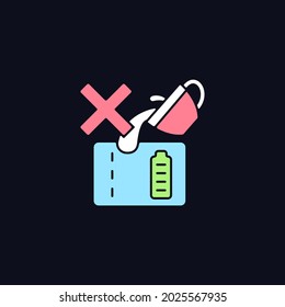 Dont spill on powerbank RGB color manual label icon for dark theme. Isolated vector illustration on night mode background. Simple filled line drawing on black for product use instructions