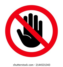 Dont stop icon. Pforbidden sign. Hand prohibit. Forbidden access. Symbol ban entry. Red circle and black palm isolated on white background. Halt warning pictogram. Icon no entry. Vector illustration