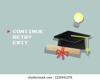 Don't stop learning. Graduate hat and certification paper with light bulb of idea.