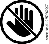Dont stop sign. Pforbidden sign. Hand prohibit. Forbidden access. Symbol ban entry. black circle and black palm isolated on white background. Halt warning pictogram. Vector illustration

