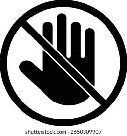 Dont stop sign. Pforbidden sign. Hand prohibit. Forbidden access. Symbol ban entry. black circle and black palm isolated on white background. Halt warning pictogram. Vector illustration
