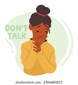 Don't Talk Concept. Worried African American Girl Cover Mouth with Hand. Little Child Character Dont Speak, Stop Talking, Shh, Keep Secret or Feel Emotion of Shock. Cartoon Vector Illustration