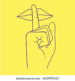 don't talk too much stay quiet symbol. hand with finger next to mouth. hand drawn vector illustration. isolated on yellow background.