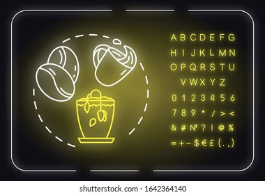 Dont tip tea neon light concept icon. Herbs cultivation. Indoor gardening. Dont overturn coffee to pot idea. Outer glowing sign, alphabet, numbers and symbols. Vector isolated RGB color illustration