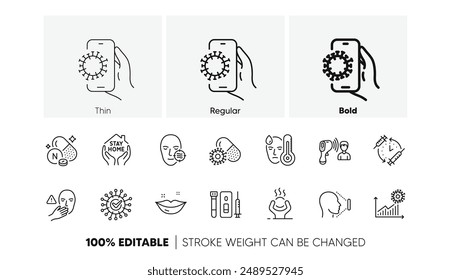 No toque, píldoras de coronavirus e iconos de la línea de labios. Pack de Face ID, Estrés difícil, Icono de piel problemática. Calendario de vacunación, termómetro Electrónica, pictograma del App Covid. Sangre. Iconos de línea. Vector